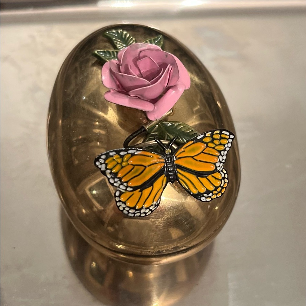 Vintage Solid  Brass Egg With Butterfly And  Rose Trinket Box/Gold Jewellery Box